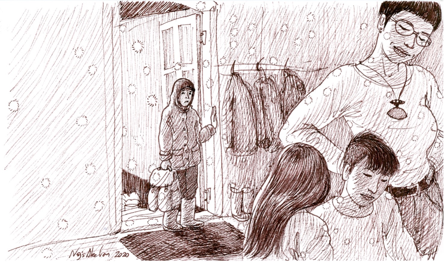 A drawing of a child arriving at a nursing home, Bonnie Jensen, Arctic Hub, out of care homes, Greenland, science, research