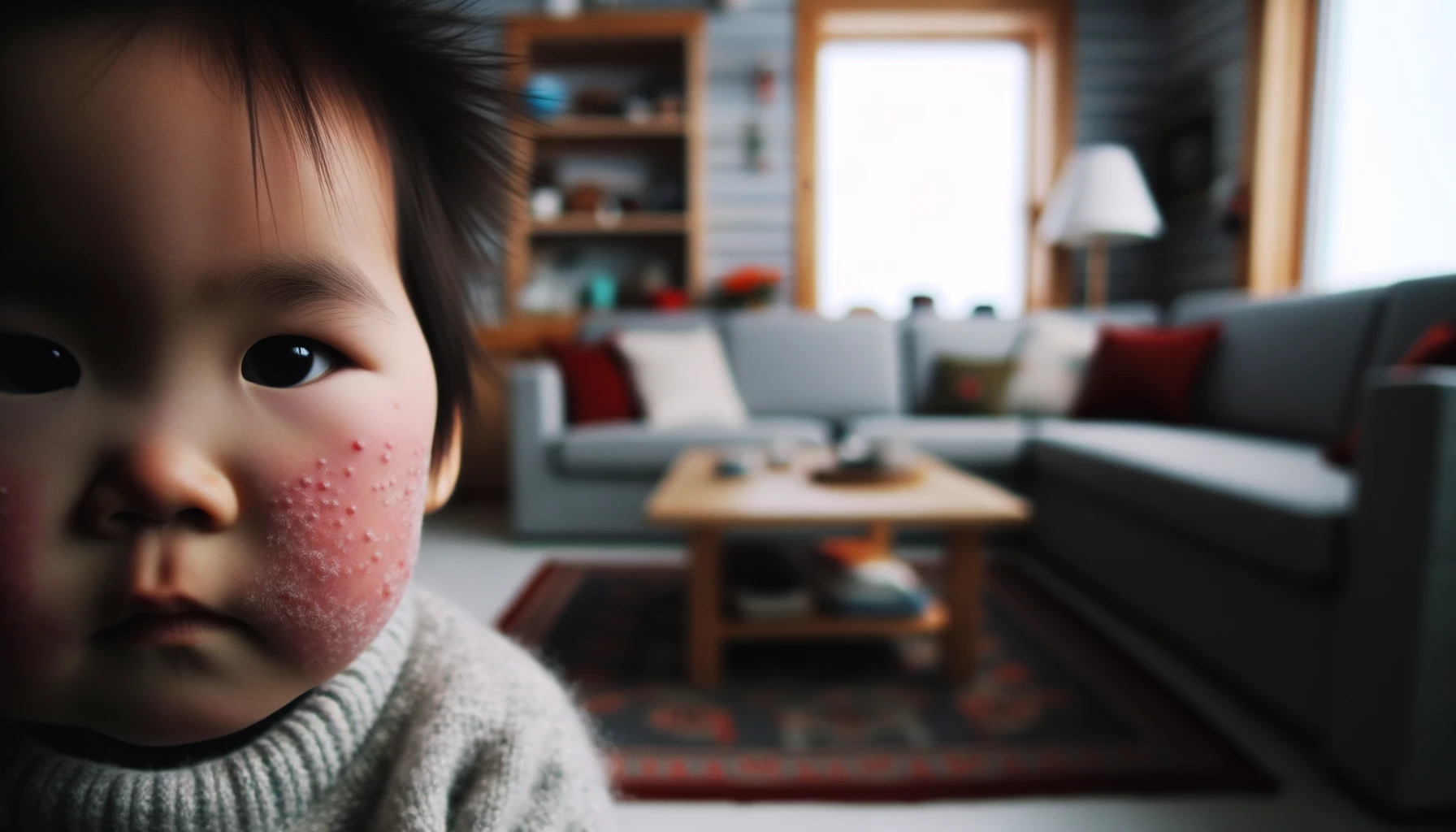 The image depicts a child with a breakout of atopic dermatitis on their cheeks. The image was created using artificial intelligence with DALL-E 3.